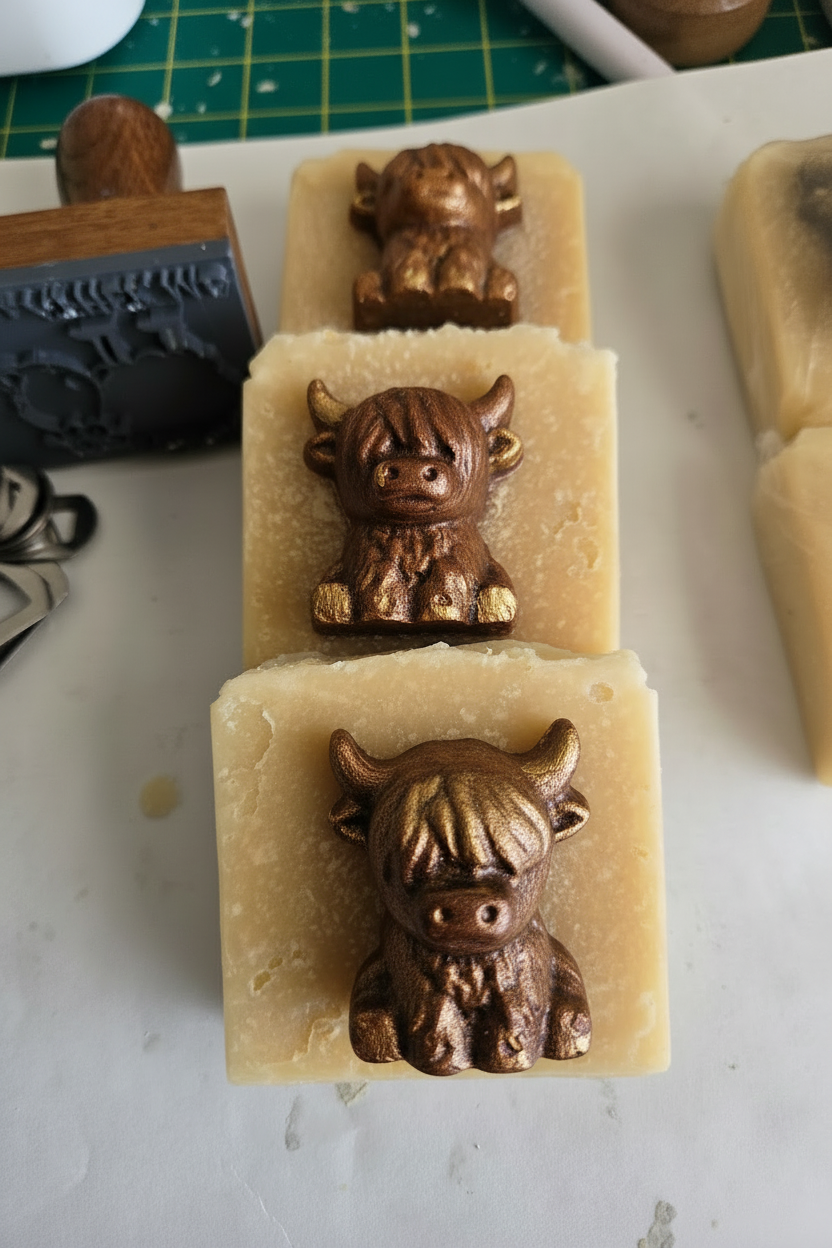 Brown Highland cow soaps with gold detailing