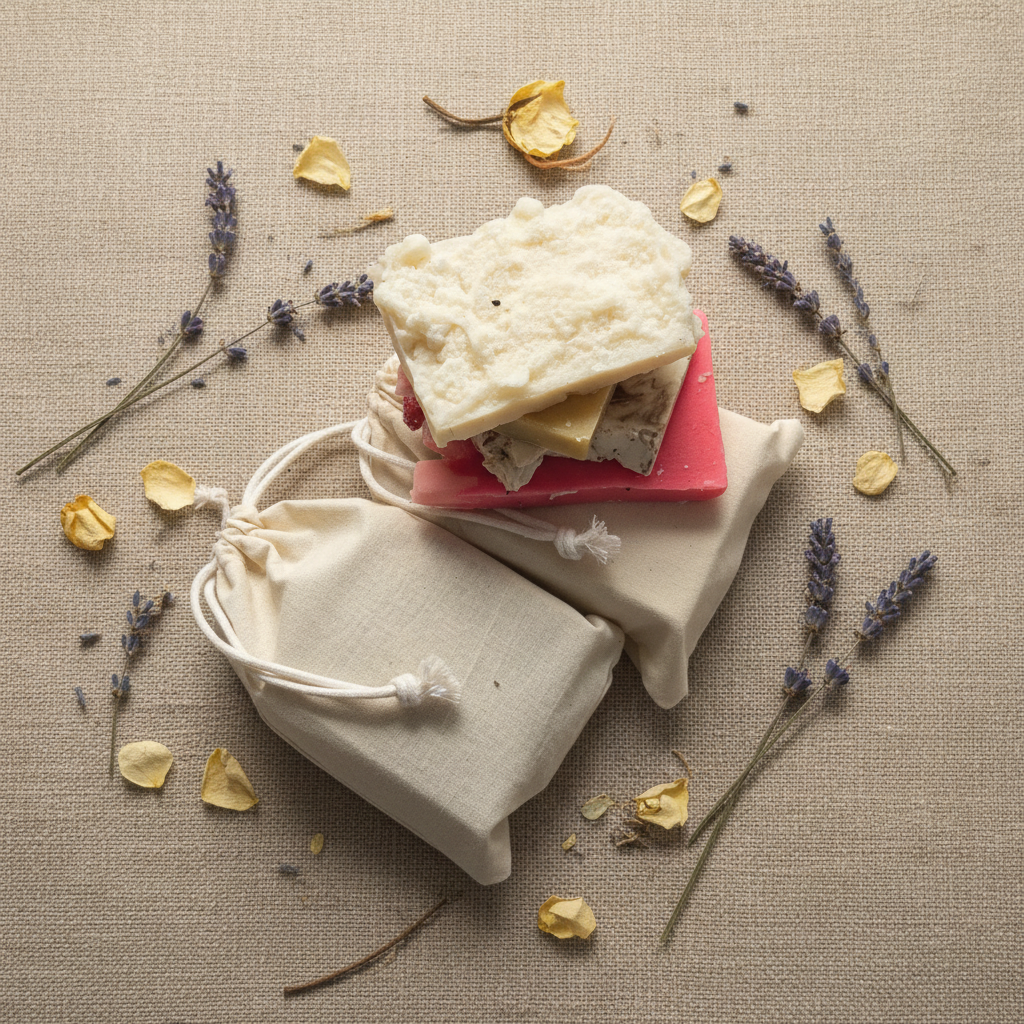 Soap samples in a cotton bag - rustic botanical style