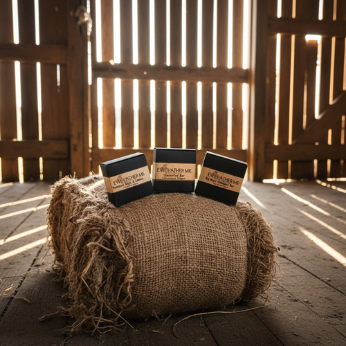Ewe Lather Me black gift boxes with gold labels displayed on a wool bale in a rustic shearing shed