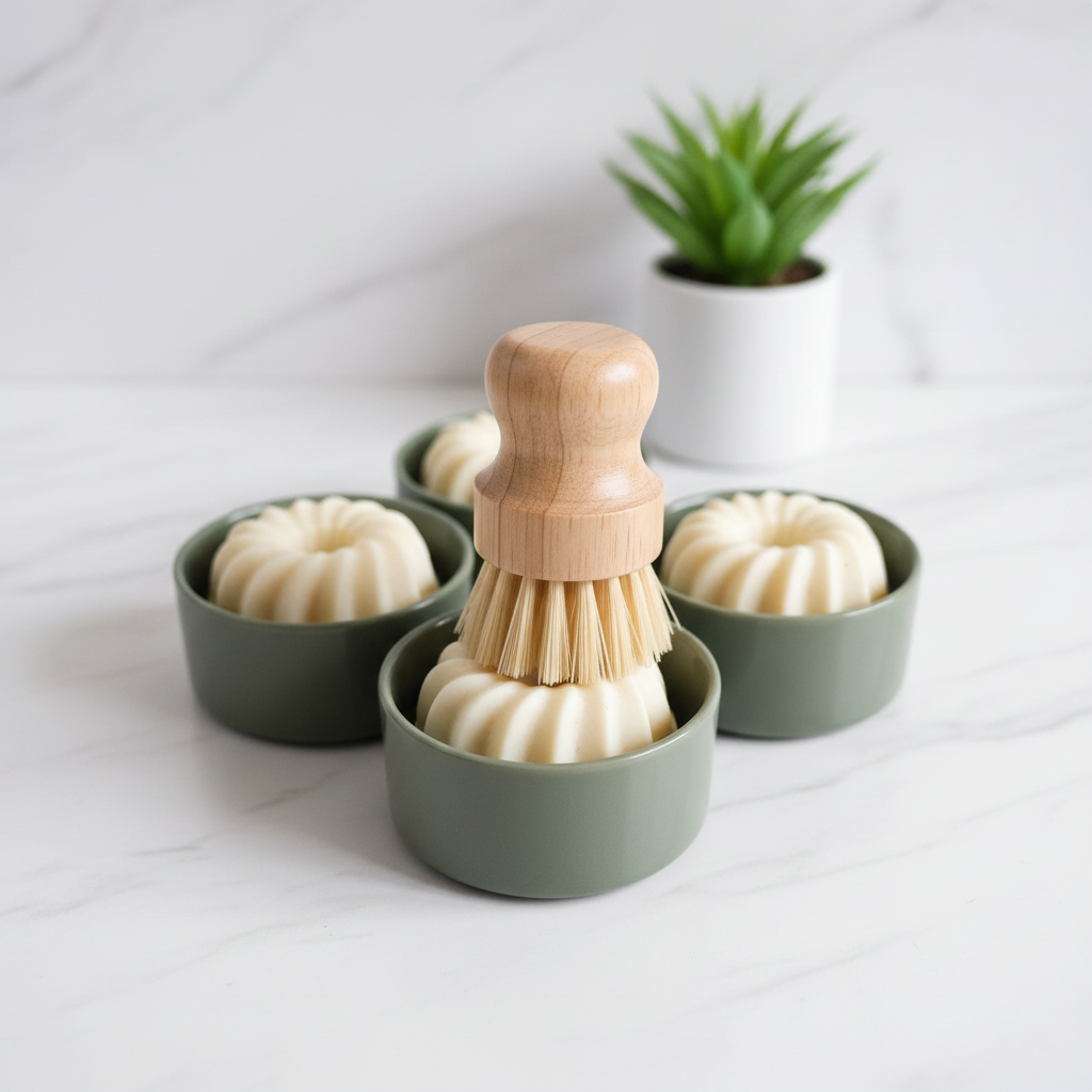 Dish soap in a ramekin with free brush